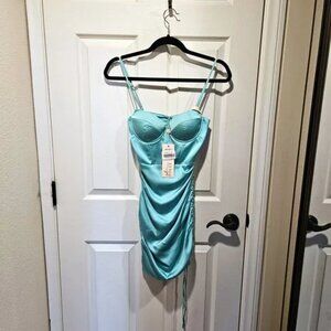 Oh Polly Confident Ruched Corset Mini Dress in Turquoise